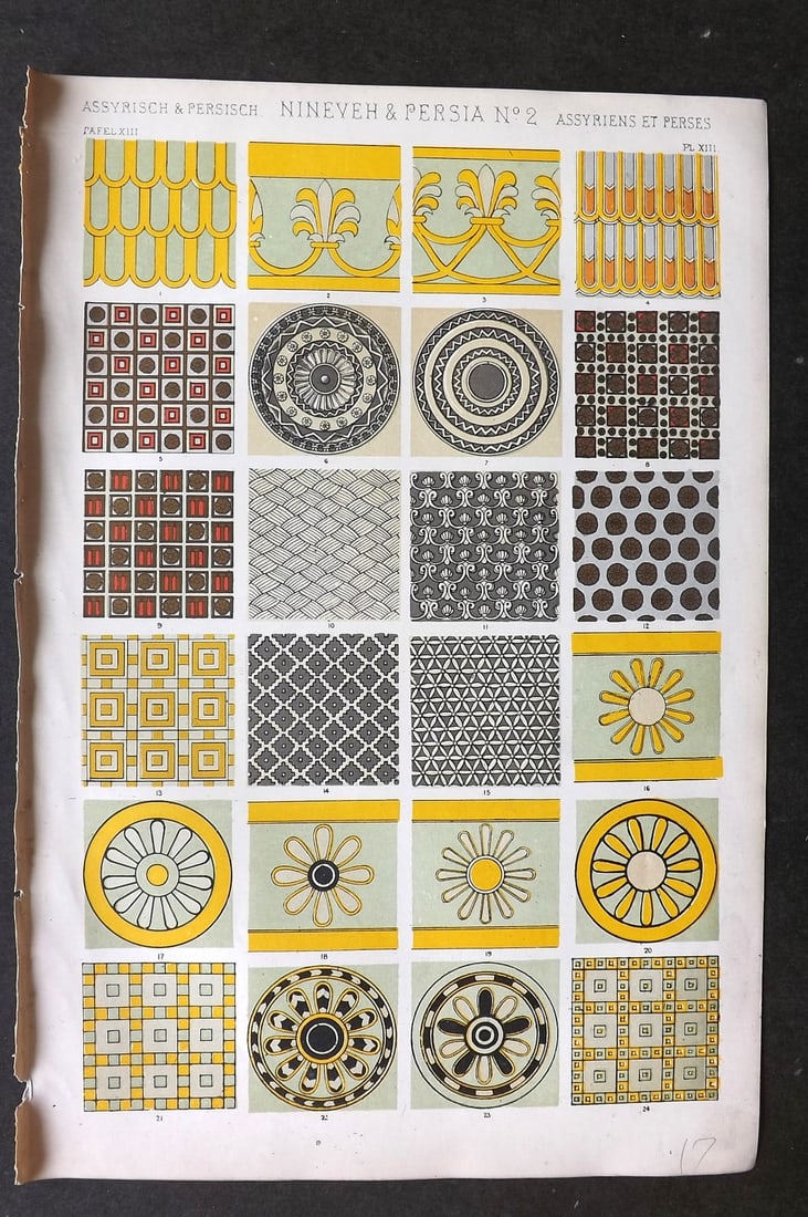Jones, Owen 1868 Design Print. Nineveh & Persia No. 2: Chromolithograph Published 1868 by Bernard Quaritch, London for "The Grammar of Ornament" by Owen Jones. Paper Size: 13 x 9 inch (33 x 23cm) Good Condition