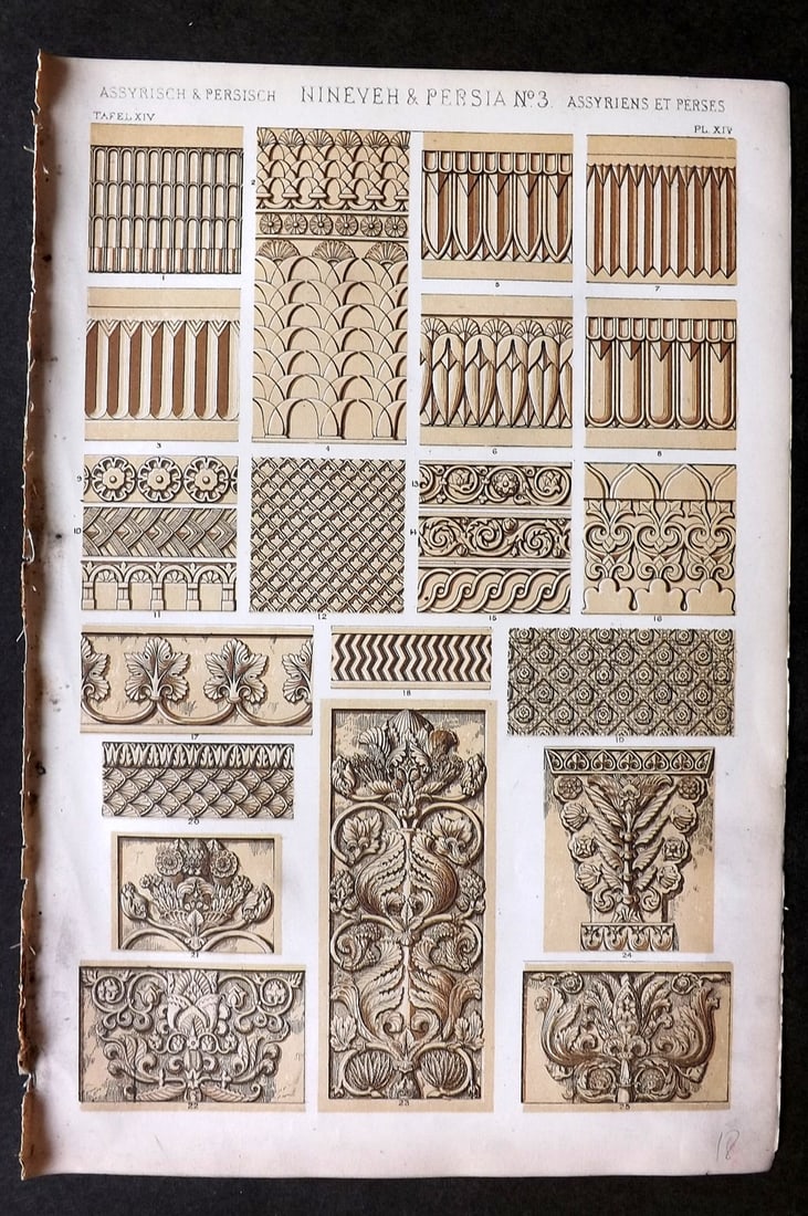 Jones, Owen 1868 Design Print. Nineveh & Persia No. 3: Chromolithograph Published 1868 by Bernard Quaritch, London for "The Grammar of Ornament" by Owen Jones. Paper Size: 13 x 9 inch (33 x 23cm) A few minor marks in left margin. Good Condition