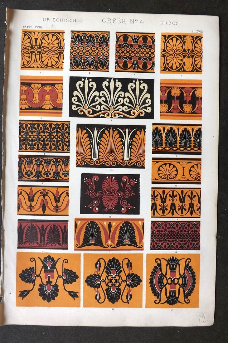 Jones, Owen 1868 Design Print. Greek No. 4: Chromolithograph Published 1868 by Bernard Quaritch, London for "The Grammar of Ornament" by Owen Jones. Paper Size: 13 x 9 inch (33 x 23cm) Good Condition