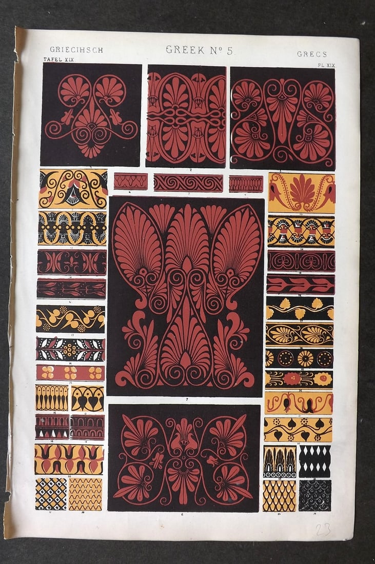 Jones, Owen 1868 Design Print. Greek No. 5: Chromolithograph Published 1868 by Bernard Quaritch, London for "The Grammar of Ornament" by Owen Jones. Paper Size: 13 x 9 inch (33 x 23cm) Good Condition