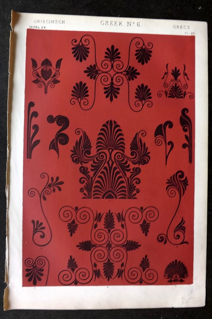 Jones, Owen 1868 Design Print. Greek No. 6: Chromolithograph Published 1868 by Bernard Quaritch, London for "The Grammar of Ornament" by Owen Jones. Paper Size: 13 x 9 inch (33 x 23cm) Good Condition