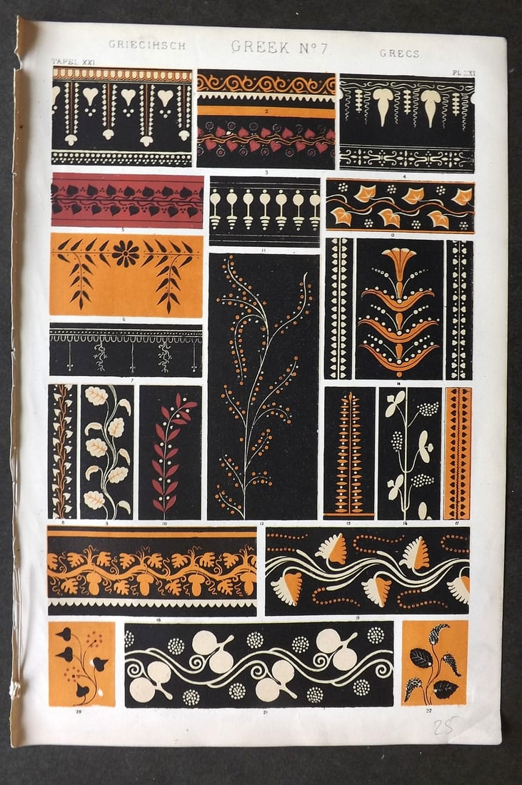 Jones, Owen 1868 Design Print. Greek No. 7: Chromolithograph Published 1868 by Bernard Quaritch, London for "The Grammar of Ornament" by Owen Jones. Paper Size: 13 x 9 inch (33 x 23cm) Good Condition
