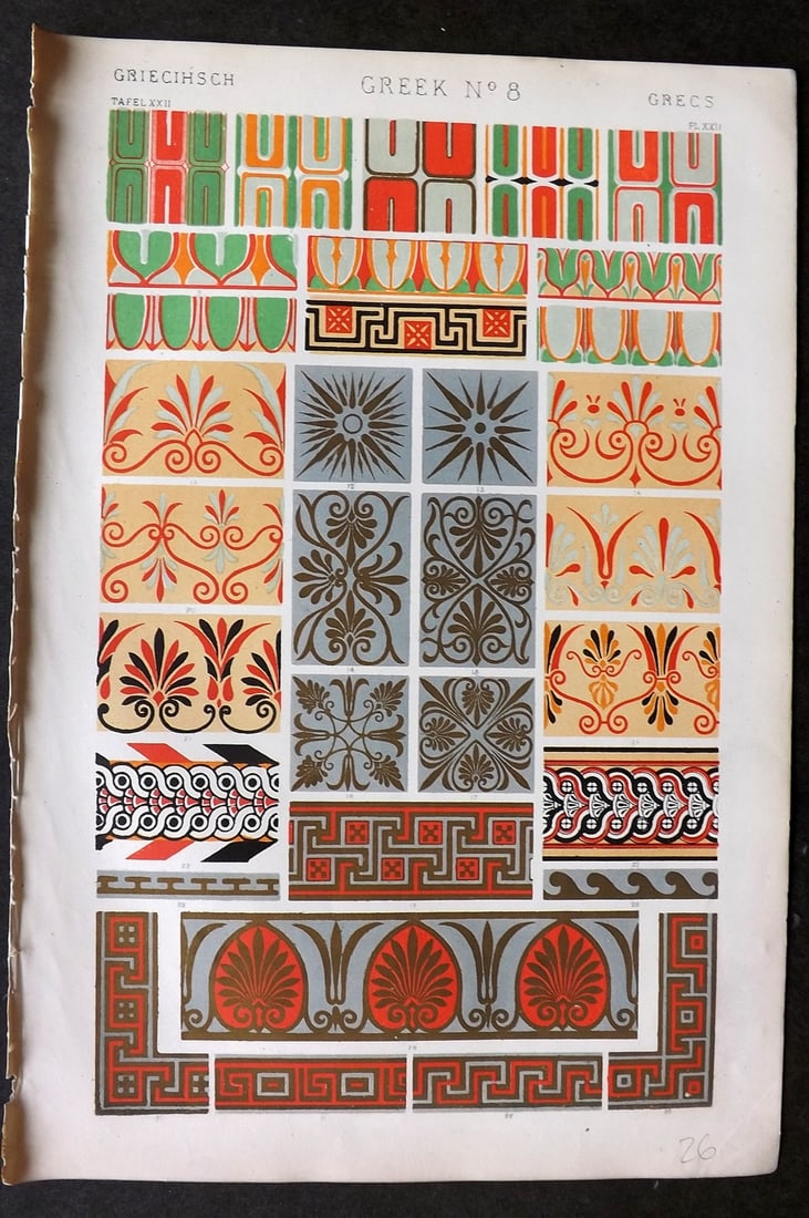 Jones, Owen 1868 Design Print. Greek No. 8: Chromolithograph Published 1868 by Bernard Quaritch, London for "The Grammar of Ornament" by Owen Jones. Paper Size: 13 x 9 inch (33 x 23cm) Good Condition