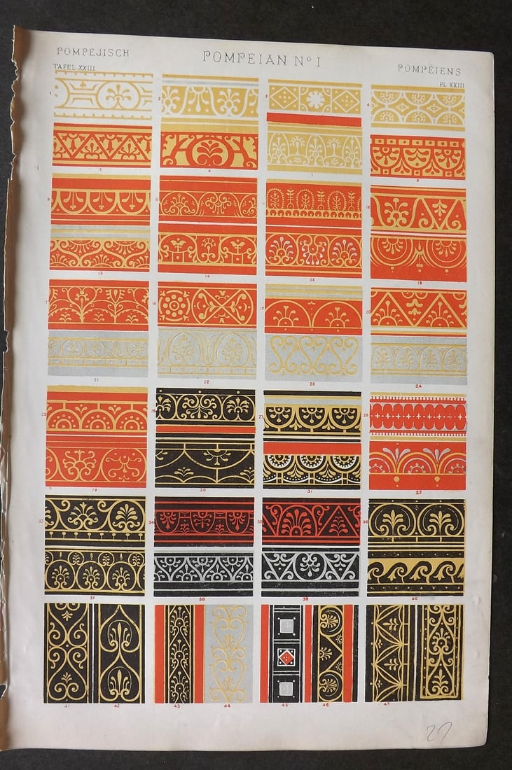 Jones, Owen 1868 Design Print. Pompeian No. 1: Chromolithograph Published 1868 by Bernard Quaritch, London for "The Grammar of Ornament" by Owen Jones. Paper Size: 13 x 9 inch (33 x 23cm) Good Condition