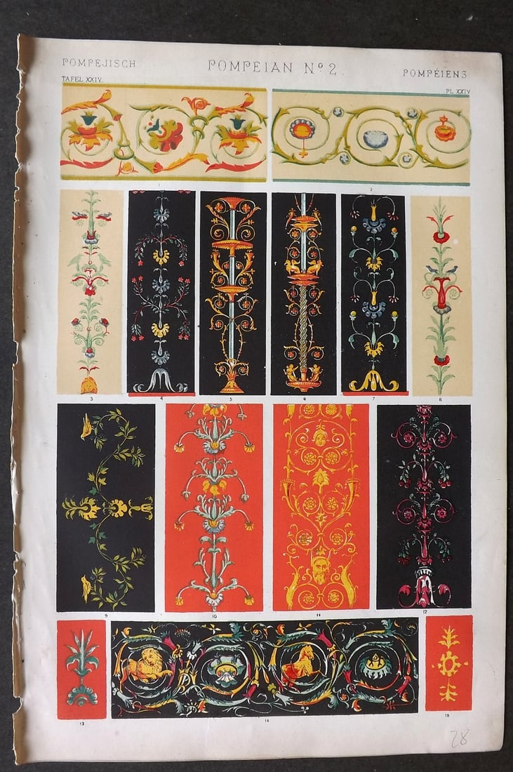 Jones, Owen 1868 Design Print. Pompeian No. 2: Chromolithograph Published 1868 by Bernard Quaritch, London for "The Grammar of Ornament" by Owen Jones. Paper Size: 13 x 9 inch (33 x 23cm) Good Condition
