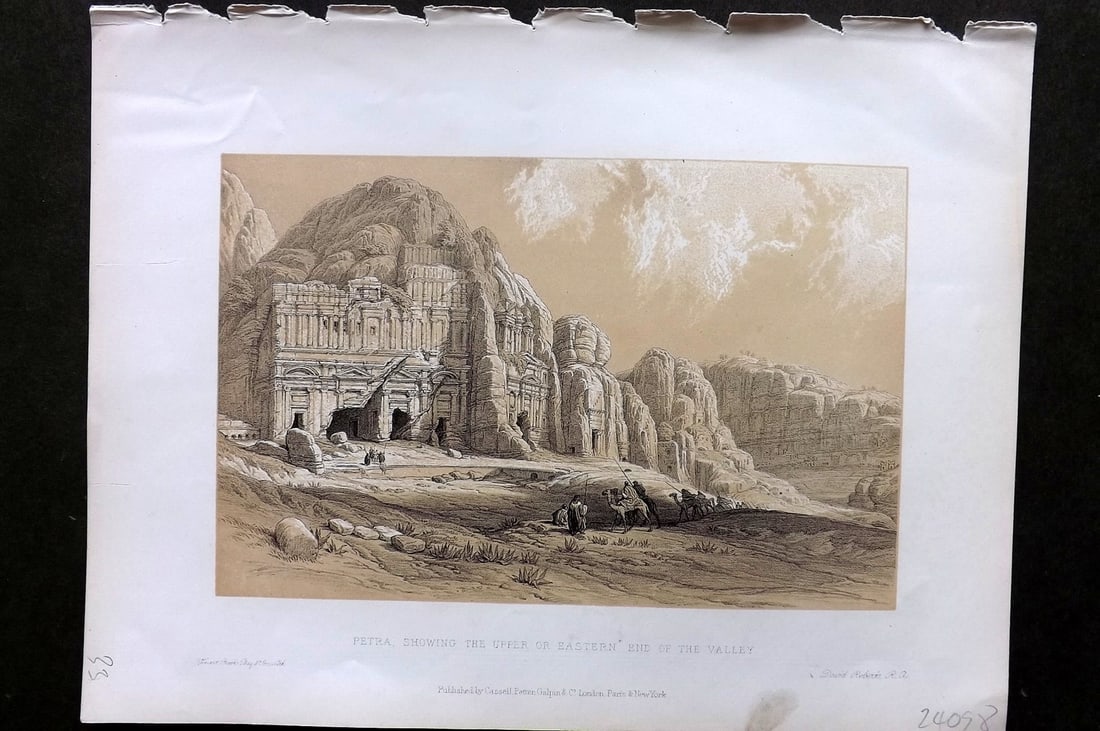 Roberts, David 1887 Holy Land Print. Petra showing the Upper Eastern End of the Valley: Lithograph Published 1887 by Cassell, Petter & Galpin, London for "The Holy Land" by David Roberts, Louis Haghe, and George Croly. The third edition of Roberts's Holy Land Views. Paper Size: 12.5 x 9.