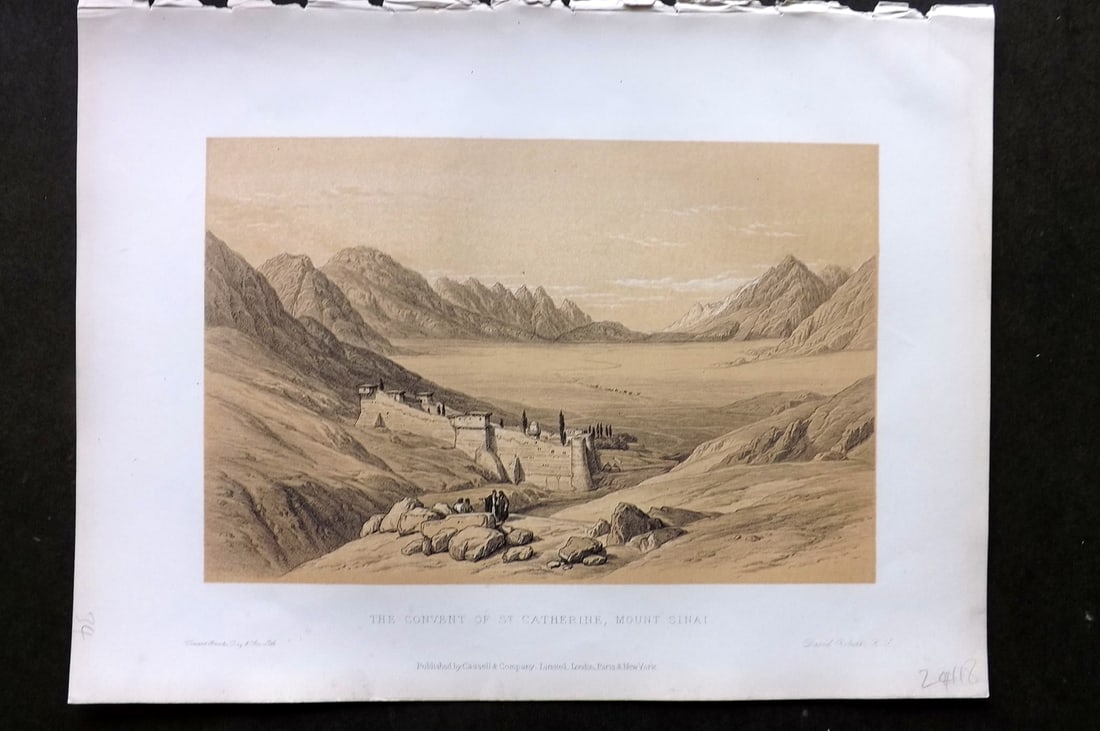 Roberts, David 1887 Holy Land Print. Convent of St. Catherine, Mount Sinai: Lithograph Published 1887 by Cassell, Petter & Galpin, London for "The Holy Land" by David Roberts, Louis Haghe, and George Croly. The third edition of Roberts's Holy Land Views. Paper Size: 12.5 x 9.