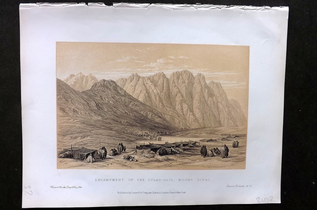 Roberts, David 1887 Holy Land Print. Encampment of the Ouland-Said, Mount Sinai: Lithograph Published 1887 by Cassell, Petter & Galpin, London for "The Holy Land" by David Roberts, Louis Haghe, and George Croly. The third edition of Roberts's Holy Land Views. Paper Size: 12.5 x 9.