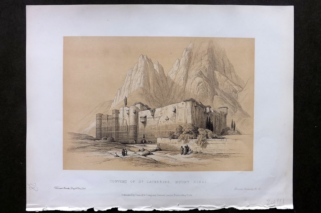 Roberts, David 1887 Holy Land Print. Convent of St. Catherine, Mount Sinai.: Lithograph Published 1887 by Cassell, Petter & Galpin, London for "The Holy Land" by David Roberts, Louis Haghe, and George Croly. The third edition of Roberts's Holy Land Views. Paper Size: 12.5 x 9.
