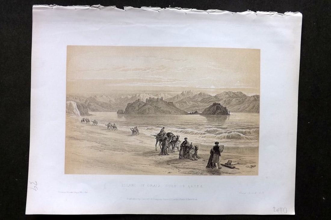 Roberts, David 1887 Holy Land Print. Island of Graia, Gulf of Akaba: Lithograph Published 1887 by Cassell, Petter & Galpin, London for "The Holy Land" by David Roberts, Louis Haghe, and George Croly. The third edition of Roberts's Holy Land Views. Paper Size: 12.5 x 9.