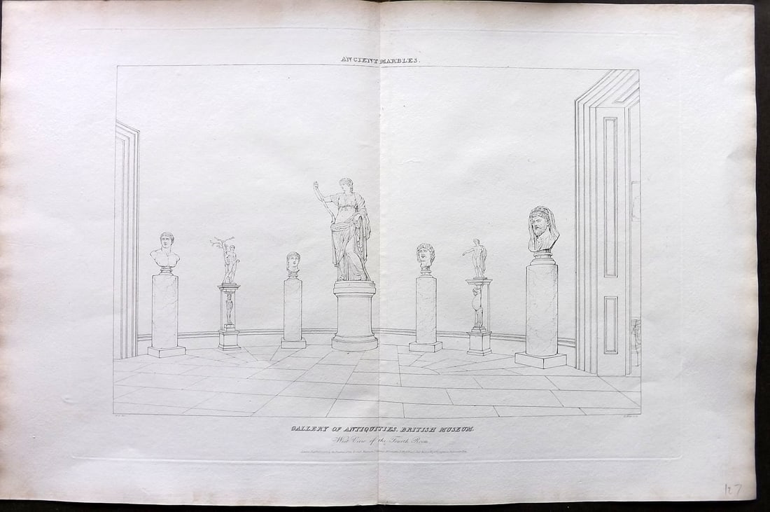 BM Marbles 1818 LG Folio Print. Elgin Marbles, British Museum. West View of Fourth Room: Large Folio Copper Plate Published 1812-61, London for "A Description of the Collection of Ancient Marbles in the British Museum" by the British Museum, Department of Greek and Roman Antiquities. Cent
