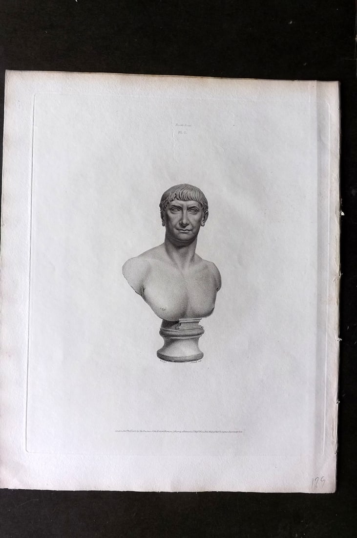 BM Marbles 1818 Folio Statue Sculpture Print. Bust of Trajan 01: Folio Copper Plate Published 1812-61, London for "A Description of the Collection of Ancient Marbles in the British Museum" by the British Museum, Department of Greek and Roman Antiquities. Paper Size