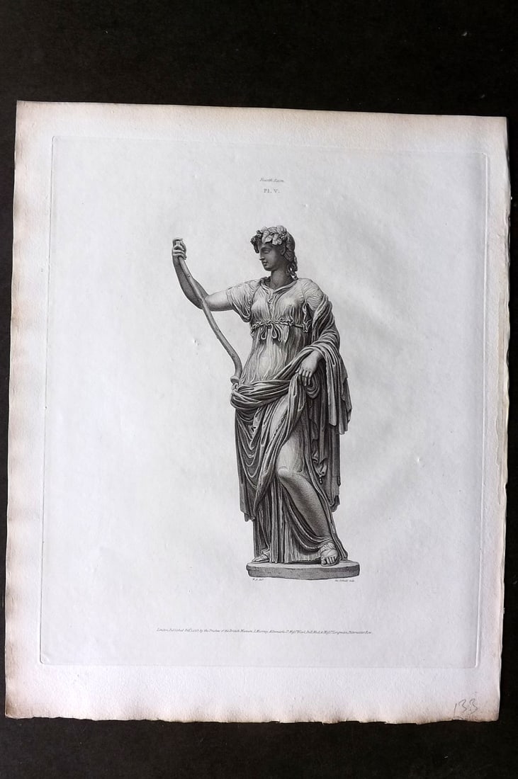 BM Marbles 1818 Folio Statue Sculpture Print. Statue of Thalia 05: Folio Copper Plate Published 1812-61, London for "A Description of the Collection of Ancient Marbles in the British Museum" by the British Museum, Department of Greek and Roman Antiquities. Paper Size
