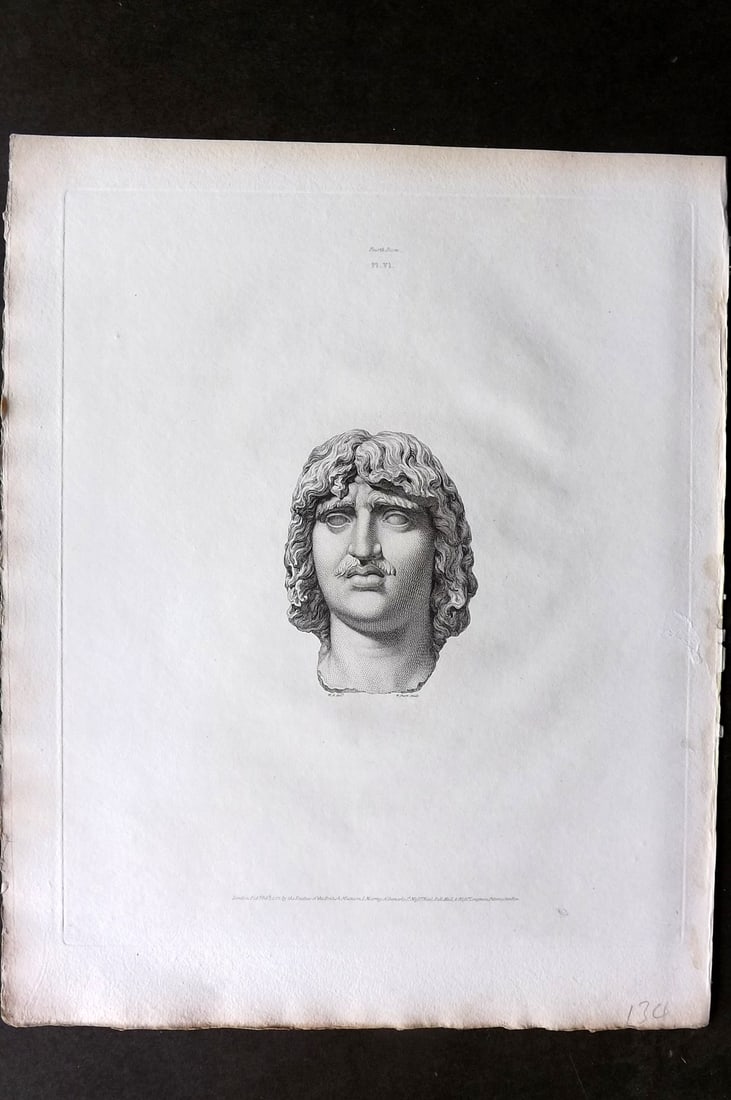 BM Marbles 1818 Folio Statue Sculpture Print. Unknown Head, supposed to be Arminius 06: Folio Copper Plate Published 1812-61, London for "A Description of the Collection of Ancient Marbles in the British Museum" by the British Museum, Department of Greek and Roman Antiquities. Paper Size