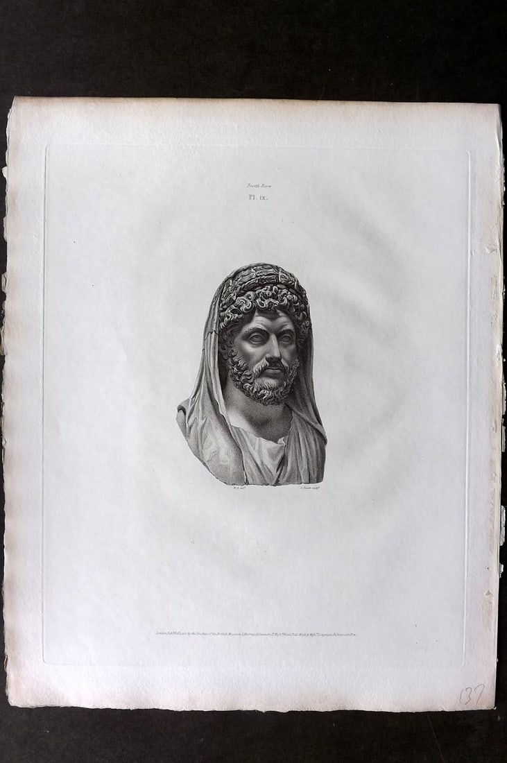 BM Marbles 1818 Folio Statue Sculpture Print. Head of Marcus Aurelius 09: Folio Copper Plate Published 1812-61, London for "A Description of the Collection of Ancient Marbles in the British Museum" by the British Museum, Department of Greek and Roman Antiquities. Paper Size