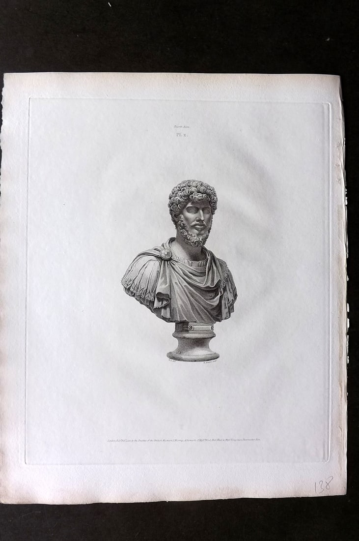 BM Marbles 1818 Folio Statue Sculpture Print. Bust of Lucius Verus 10: Folio Copper Plate Published 1812-61, London for "A Description of the Collection of Ancient Marbles in the British Museum" by the British Museum, Department of Greek and Roman Antiquities. Paper Size