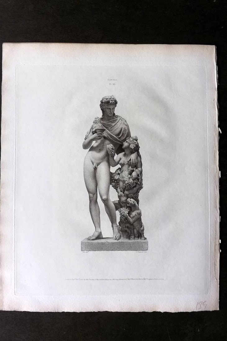 BM Marbles 1818 Folio Statue Sculpture Print. Group of Bacchus and Ampelus 11: Folio Copper Plate Published 1812-61, London for "A Description of the Collection of Ancient Marbles in the British Museum" by the British Museum, Department of Greek and Roman Antiquities. Paper Size