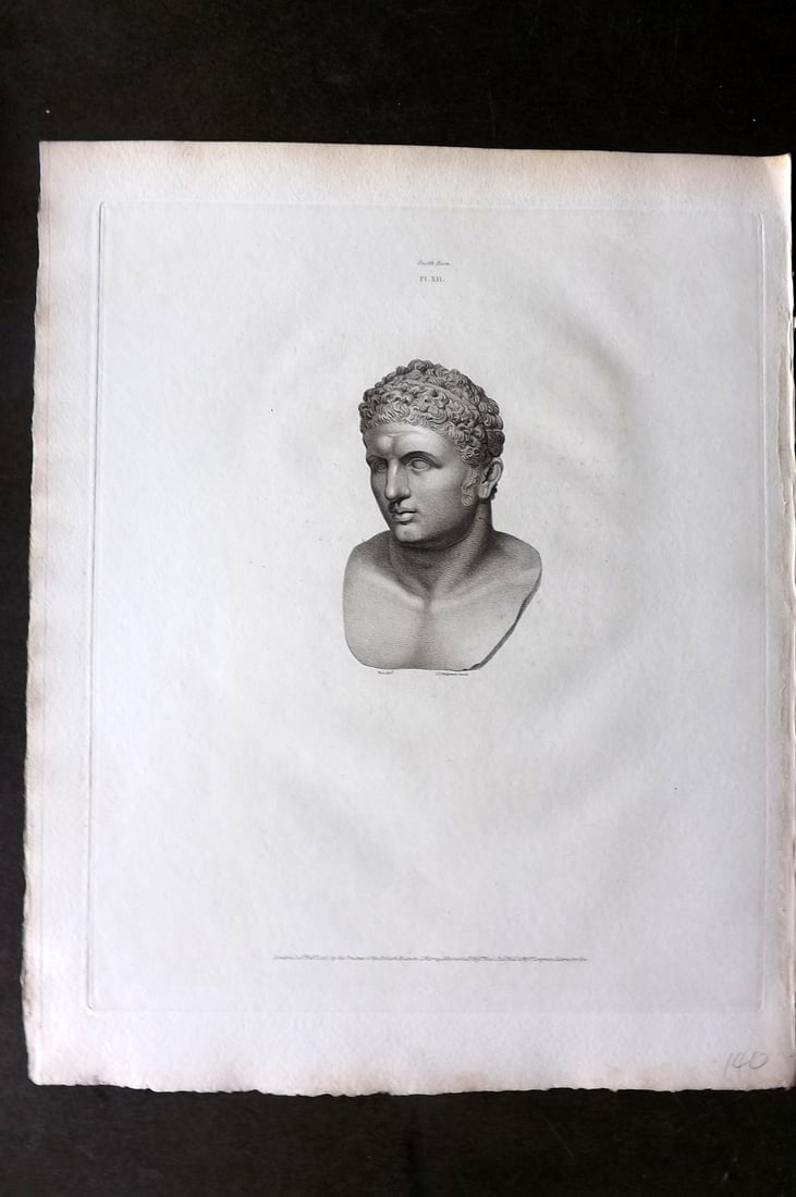 BM Marbles 1818 Folio Statue Sculpture Print. Head of the Young Hercules 12: Folio Copper Plate Published 1812-61, London for "A Description of the Collection of Ancient Marbles in the British Museum" by the British Museum, Department of Greek and Roman Antiquities. Paper Size