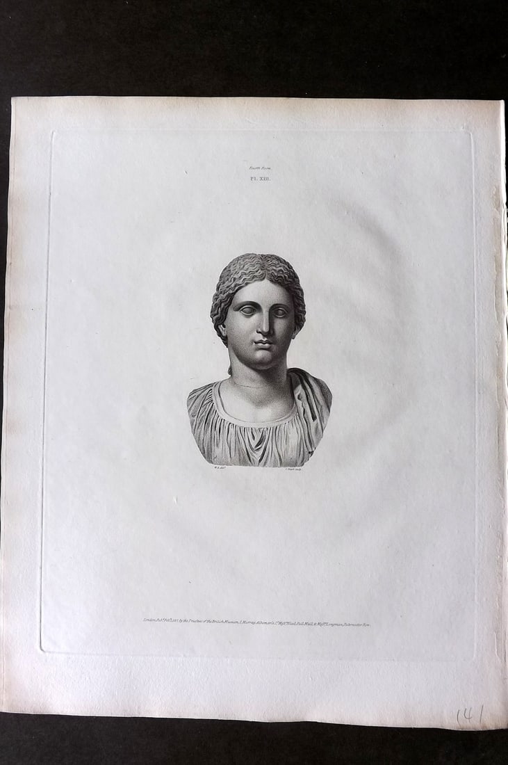 BM Marbles 1818 Folio Statue Sculpture Print. Female Head, supposed to be that of Dione 13: Folio Copper Plate Published 1812-61, London for "A Description of the Collection of Ancient Marbles in the British Museum" by the British Museum, Department of Greek and Roman Antiquities. Paper Size