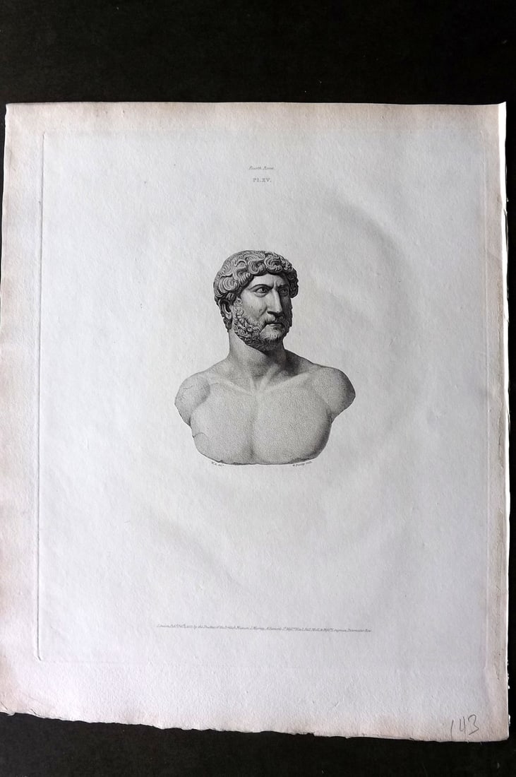 BM Marbles 1818 Folio Statue Sculpture Print. Bust of Hadrian 15: Folio Copper Plate Published 1812-61, London for "A Description of the Collection of Ancient Marbles in the British Museum" by the British Museum, Department of Greek and Roman Antiquities. Paper Size