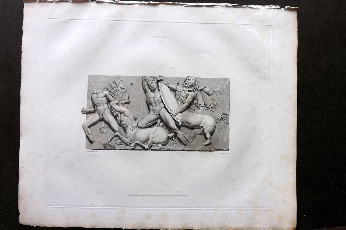 BM Marbles 1819 Folio Greek Bas Relief Print. Combat between the Centaurs and Lapithae 01: Folio Copper Plate Published 1812-61, London for "A Description of the Collection of Ancient Marbles in the British Museum" by the British Museum, Department of Greek and Roman Antiquities. Paper Size