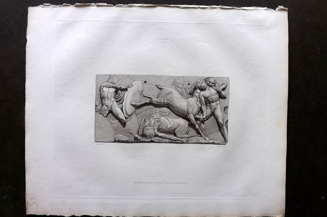 BM Marbles 1819 Folio Greek Bas Relief Print. Combat between the Centaurs and Lapithae 02: Folio Copper Plate Published 1812-61, London for "A Description of the Collection of Ancient Marbles in the British Museum" by the British Museum, Department of Greek and Roman Antiquities. Paper Size