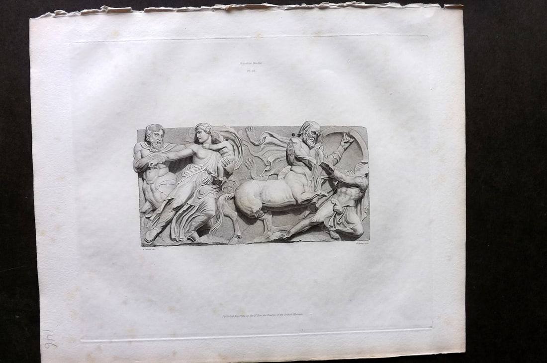 BM Marbles 1819 Folio Greek Bas Relief Print. Combat between the Centaurs and Lapithae 03: Folio Copper Plate Published 1812-61, London for "A Description of the Collection of Ancient Marbles in the British Museum" by the British Museum, Department of Greek and Roman Antiquities. Paper Size