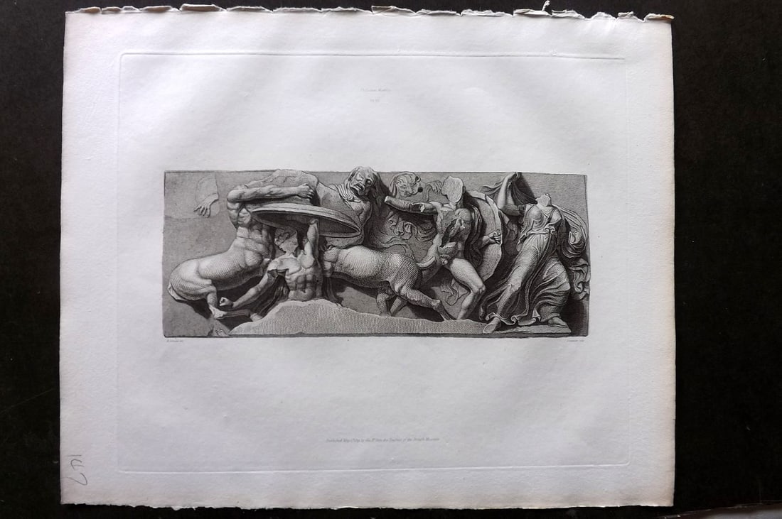 BM Marbles 1819 Folio Greek Bas Relief Print. Combat between the Centaurs and Lapithae 04: Folio Copper Plate Published 1812-61, London for "A Description of the Collection of Ancient Marbles in the British Museum" by the British Museum, Department of Greek and Roman Antiquities. Paper Size