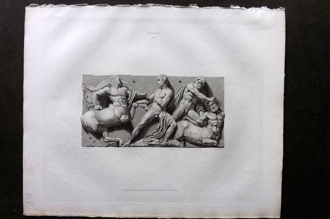 BM Marbles 1819 Folio Greek Bas Relief Print. Combat between the Centaurs and Lapithae 05: Folio Copper Plate Published 1812-61, London for "A Description of the Collection of Ancient Marbles in the British Museum" by the British Museum, Department of Greek and Roman Antiquities. Paper Size