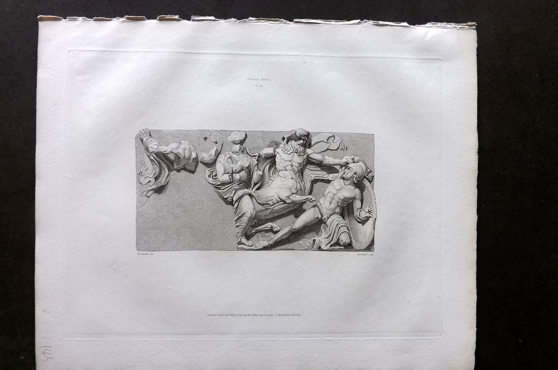 BM Marbles 1819 Folio Greek Bas Relief Print. Combat between the Centaurs and Lapithae 06: Folio Copper Plate Published 1812-61, London for "A Description of the Collection of Ancient Marbles in the British Museum" by the British Museum, Department of Greek and Roman Antiquities. Paper Size