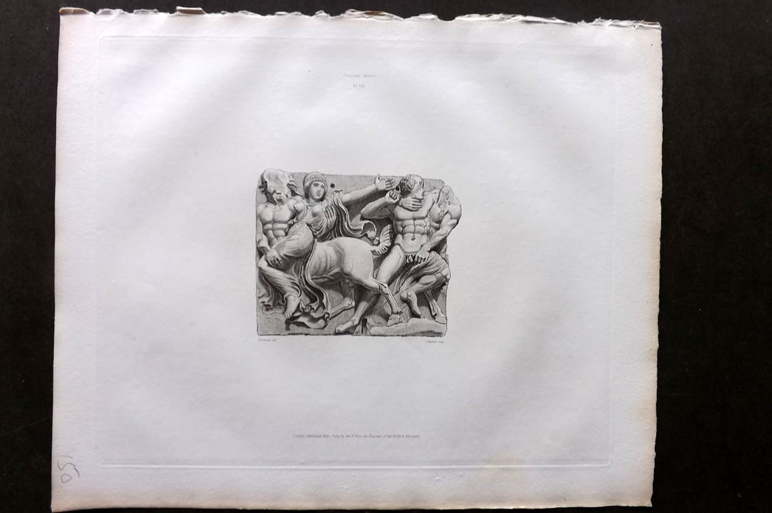 BM Marbles 1819 Folio Greek Bas Relief Print. Combat between the Centaurs and Lapithae 07: Folio Copper Plate Published 1812-61, London for "A Description of the Collection of Ancient Marbles in the British Museum" by the British Museum, Department of Greek and Roman Antiquities. Paper Size