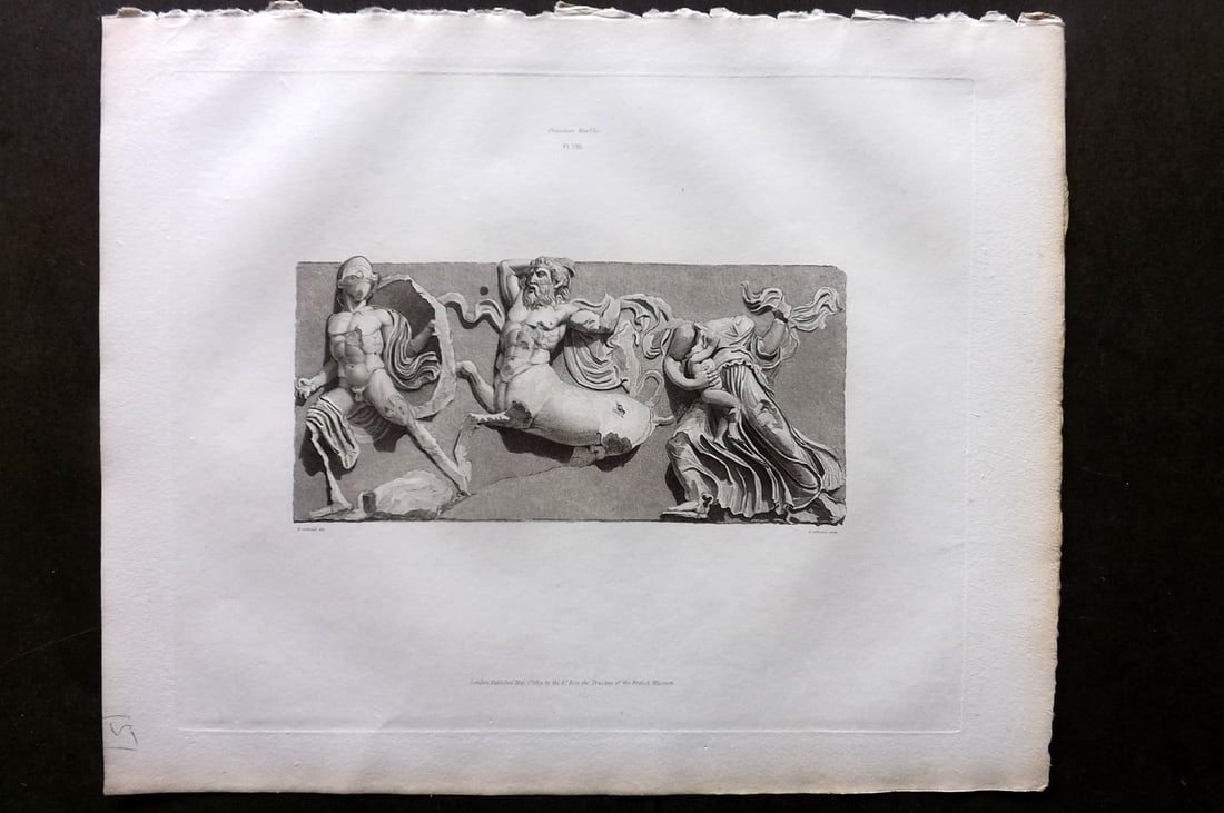 BM Marbles 1819 Folio Greek Bas Relief Print. Combat between the Centaurs and Lapithae 08: Folio Copper Plate Published 1812-61, London for "A Description of the Collection of Ancient Marbles in the British Museum" by the British Museum, Department of Greek and Roman Antiquities. Paper Size