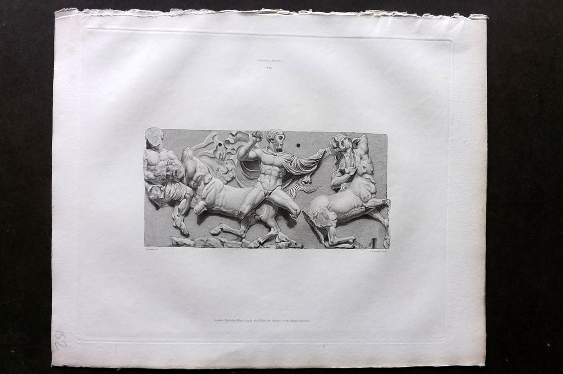 BM Marbles 1819 Folio Greek Bas Relief Print. Combat between the Centaurs and Lapithae 09: Folio Copper Plate Published 1812-61, London for "A Description of the Collection of Ancient Marbles in the British Museum" by the British Museum, Department of Greek and Roman Antiquities. Paper Size