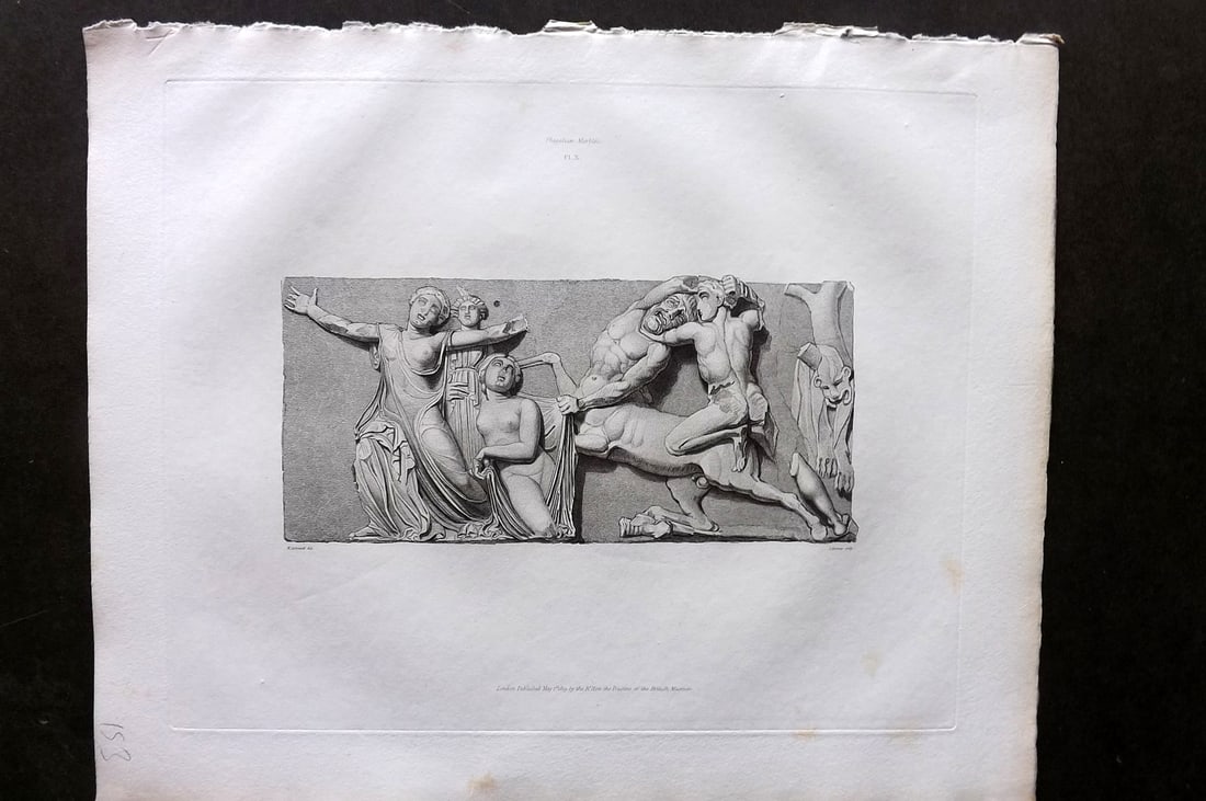 BM Marbles 1819 Folio Greek Bas Relief Print. Combat between the Centaurs and Lapithae 10: Folio Copper Plate Published 1812-61, London for "A Description of the Collection of Ancient Marbles in the British Museum" by the British Museum, Department of Greek and Roman Antiquities. Paper Size