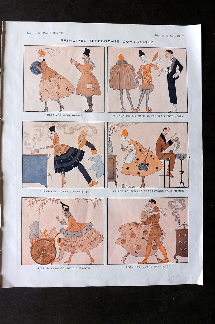 La Vie Parisienne 1917 Art Deco Print. Principes d'Economie Domestique by Barbier: Lithographs Published 1917, Paris for "La Vie Parisienne" Illustrated by Lissac, Barbier, Vallet, Valee, Prejelan, Herouard, Fournier, Kuhn-Regnier, Georges Leoonnec and others. Verso text, but none s