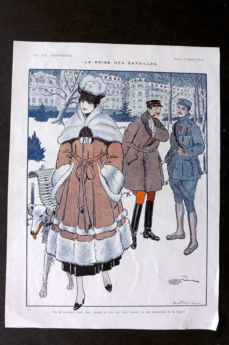 La Vie Parisienne 1917 Art Deco Print. La Reine des Batailles by Nevil: Lithographs Published 1917, Paris for "La Vie Parisienne" Illustrated by Lissac, Barbier, Vallet, Valee, Prejelan, Herouard, Fournier, Kuhn-Regnier, Georges Leoonnec and others. Verso text, but none s