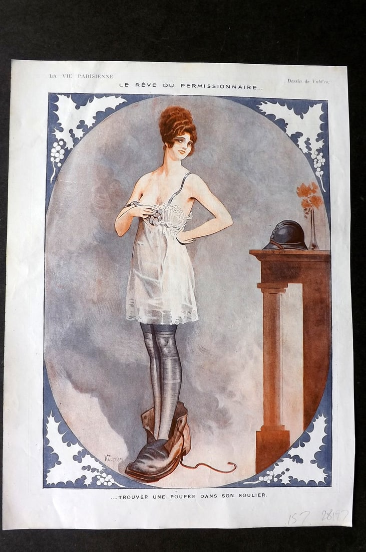 La Vie Parisienne 1917 Art Deco Print. Le Reve du Permissionnaire by Vald'Es: Lithographs Published 1917, Paris for "La Vie Parisienne" Illustrated by Lissac, Barbier, Vallet, Valee, Prejelan, Herouard, Fournier, Kuhn-Regnier, Georges Leoonnec and others. Verso text, but none s