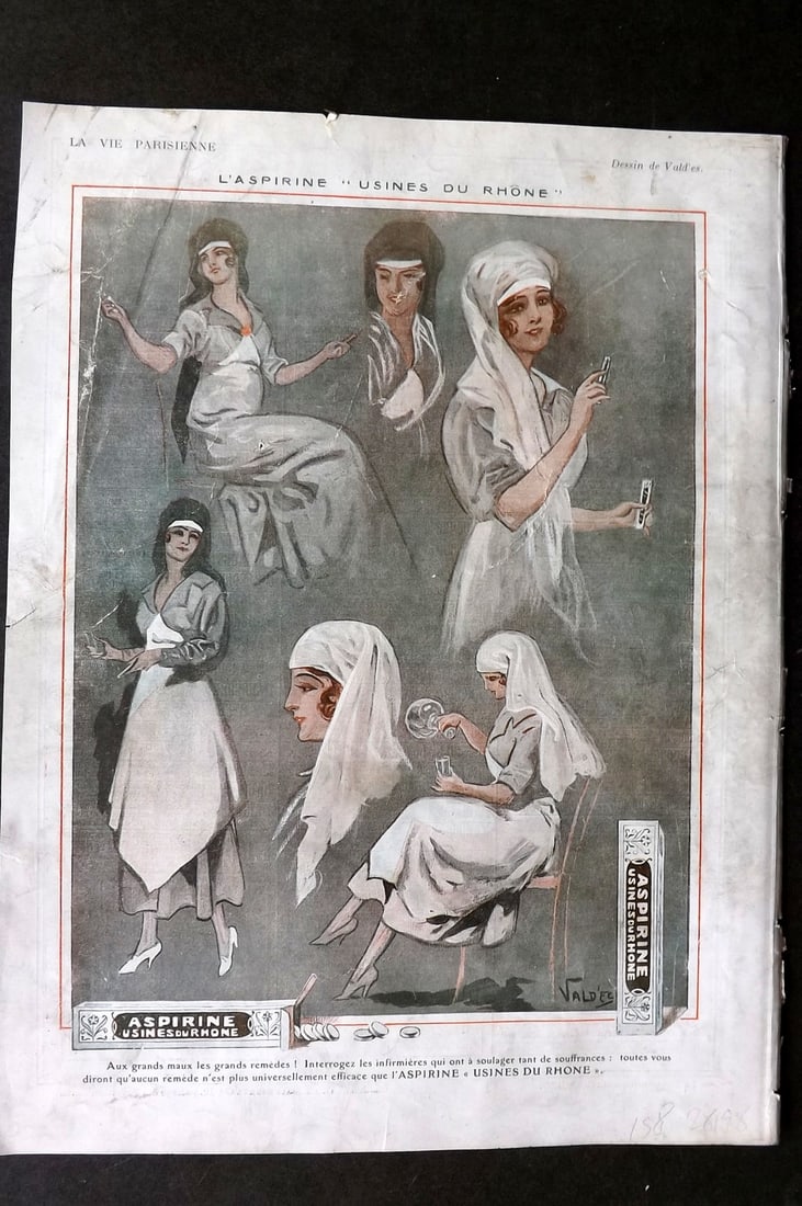 La Vie Parisienne 1917 Art Deco Print. L'Aspirine "Usines du Rhone" by Vald'Es: Lithographs Published 1917, Paris for "La Vie Parisienne" Illustrated by Lissac, Barbier, Vallet, Valee, Prejelan, Herouard, Fournier, Kuhn-Regnier, Georges Leoonnec and others. Verso text, but none s