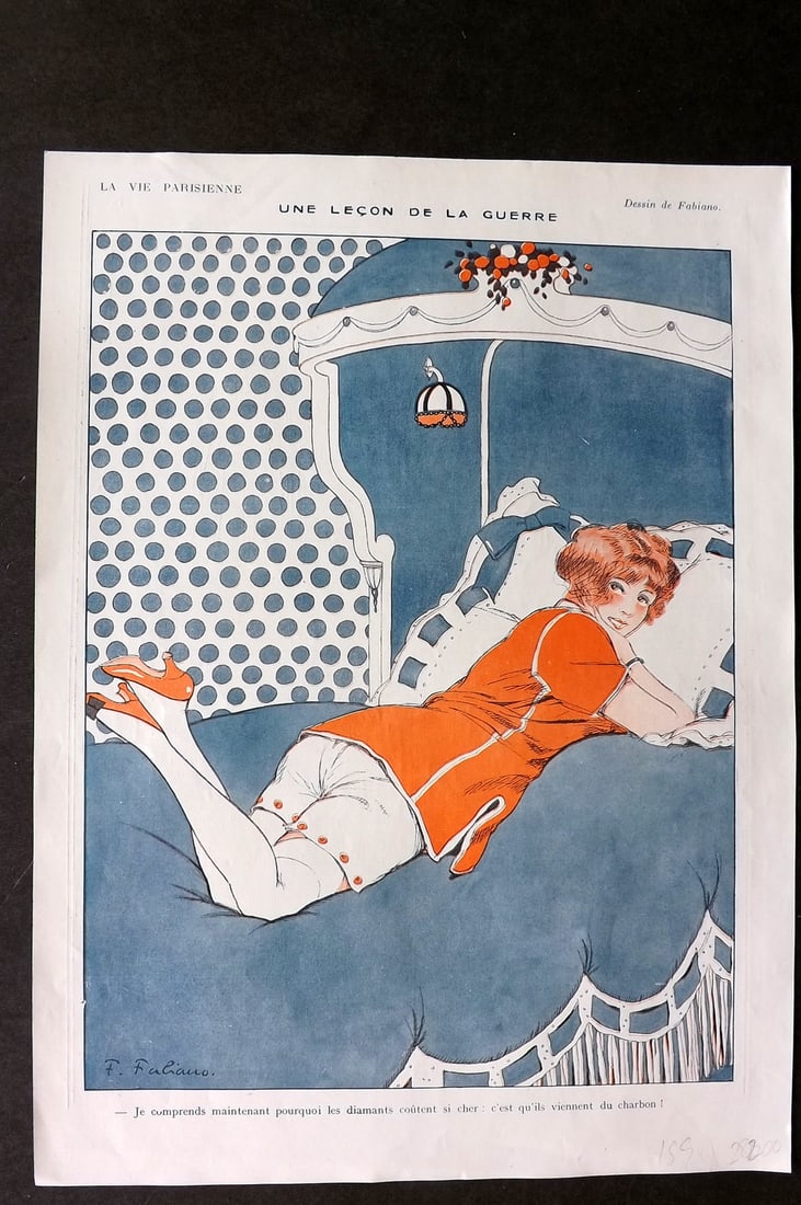 La Vie Parisienne 1917 Art Deco Print. Une Lecon dde la Guerre by Fabiano: Lithographs Published 1917, Paris for "La Vie Parisienne" Illustrated by Lissac, Barbier, Vallet, Valee, Prejelan, Herouard, Fournier, Kuhn-Regnier, Georges Leoonnec and others. Verso text, but none s