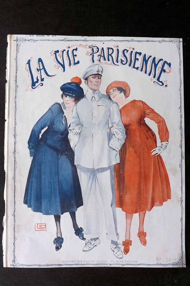 La Vie Parisienne 1917 Art Deco Print. Deux Petites Dames Logees by Leonnec: Lithographs Published 1917, Paris for "La Vie Parisienne" Illustrated by Lissac, Barbier, Vallet, Valee, Prejelan, Herouard, Fournier, Kuhn-Regnier, Georges Leoonnec and others. Verso text, but none s