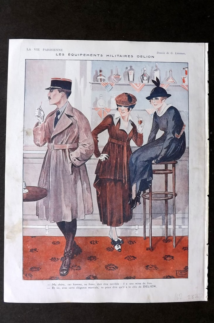 La Vie Parisienne 1917 Art Deco. Les Equipments Militaires Delion by Leonnec: Lithographs Published 1917, Paris for "La Vie Parisienne" Illustrated by Lissac, Barbier, Vallet, Valee, Prejelan, Herouard, Fournier, Kuhn-Regnier, Georges Leoonnec and others. Verso text, but none s