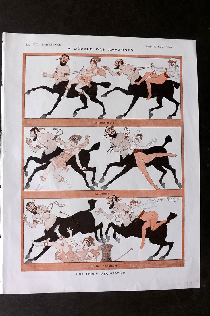 La Vie Parisienne 1917 Art Deco Print. A L'Ecole des Amazones by Kuhn-Regnier: Lithographs Published 1917, Paris for "La Vie Parisienne" Illustrated by Lissac, Barbier, Vallet, Valee, Prejelan, Herouard, Fournier, Kuhn-Regnier, Georges Leoonnec and others. Verso text, but none s