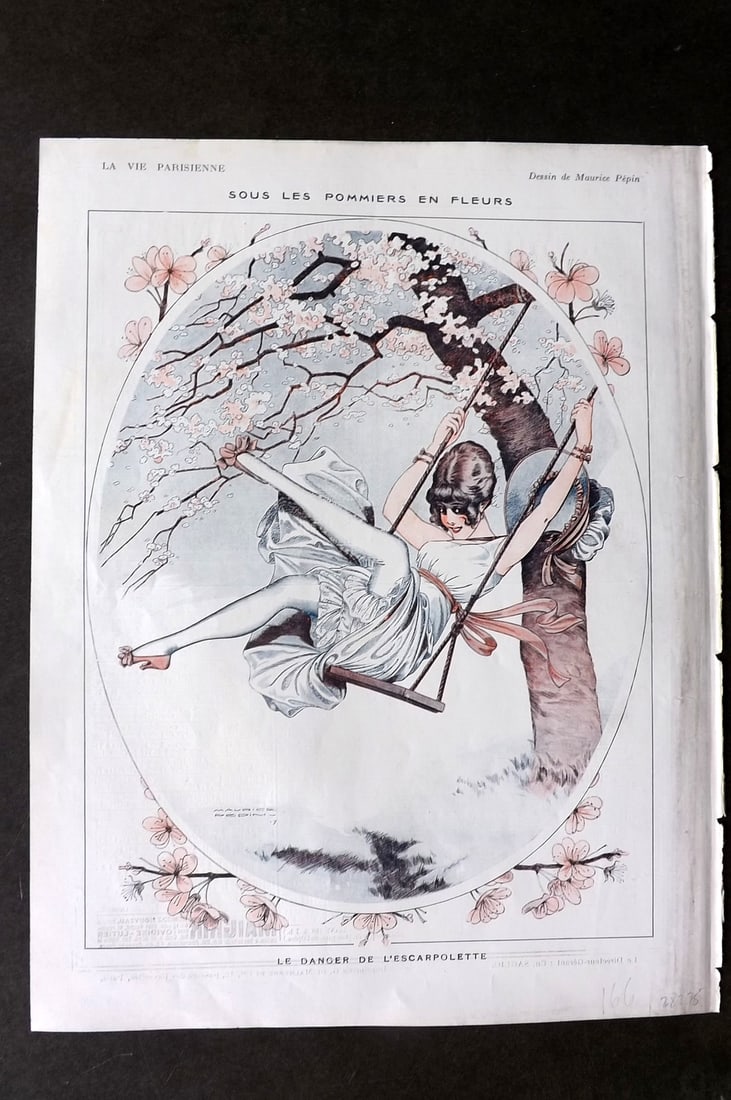 La Vie Parisienne 1917 Art Deco Print. Sous les Pommiers en Fleurs by Pepin: Lithographs Published 1917, Paris for "La Vie Parisienne" Illustrated by Lissac, Barbier, Vallet, Valee, Prejelan, Herouard, Fournier, Kuhn-Regnier, Georges Leoonnec and others. Verso text, but none s