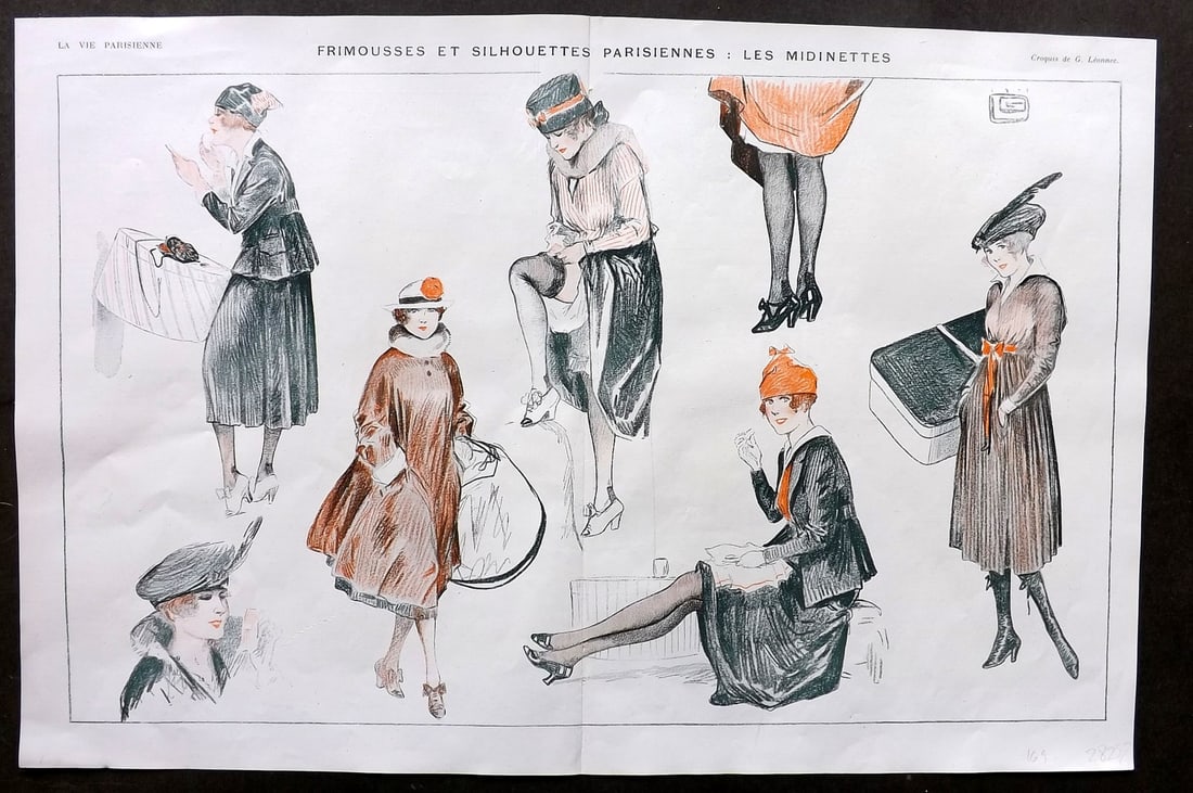 La Vie Parisienne 1917 Art Deco Double. Primousses et Silhouettes by Leonnec: Lithographs Published 1917, Paris for "La Vie Parisienne" Illustrated by Lissac, Barbier, Vallet, Valee, Prejelan, Herouard, Fournier, Kuhn-Regnier, Georges Leoonnec and others. Verso text, but none s