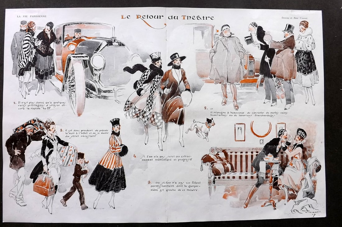 La Vie Parisienne 1917 Art Deco Double Print. Le Retour du Theatre by Vincent: Lithographs Published 1917, Paris for "La Vie Parisienne" Illustrated by Lissac, Barbier, Vallet, Valee, Prejelan, Herouard, Fournier, Kuhn-Regnier, Georges Leoonnec and others. Verso text, but none s