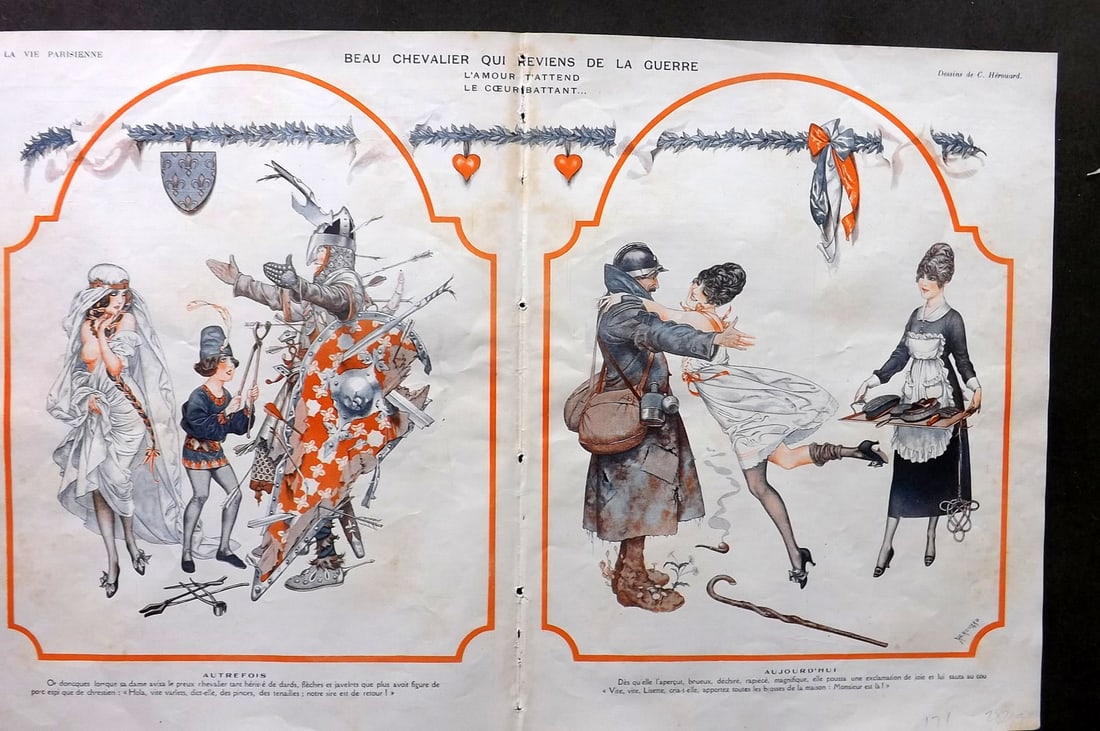 La Vie Parisienne 1917 Art Deco Double. Beau Chevalier Qui Reviens de la Guerre: Lithographs Published 1917, Paris for "La Vie Parisienne" Illustrated by Lissac, Barbier, Vallet, Valee, Prejelan, Herouard, Fournier, Kuhn-Regnier, Georges Leoonnec and others. Verso text, but none s
