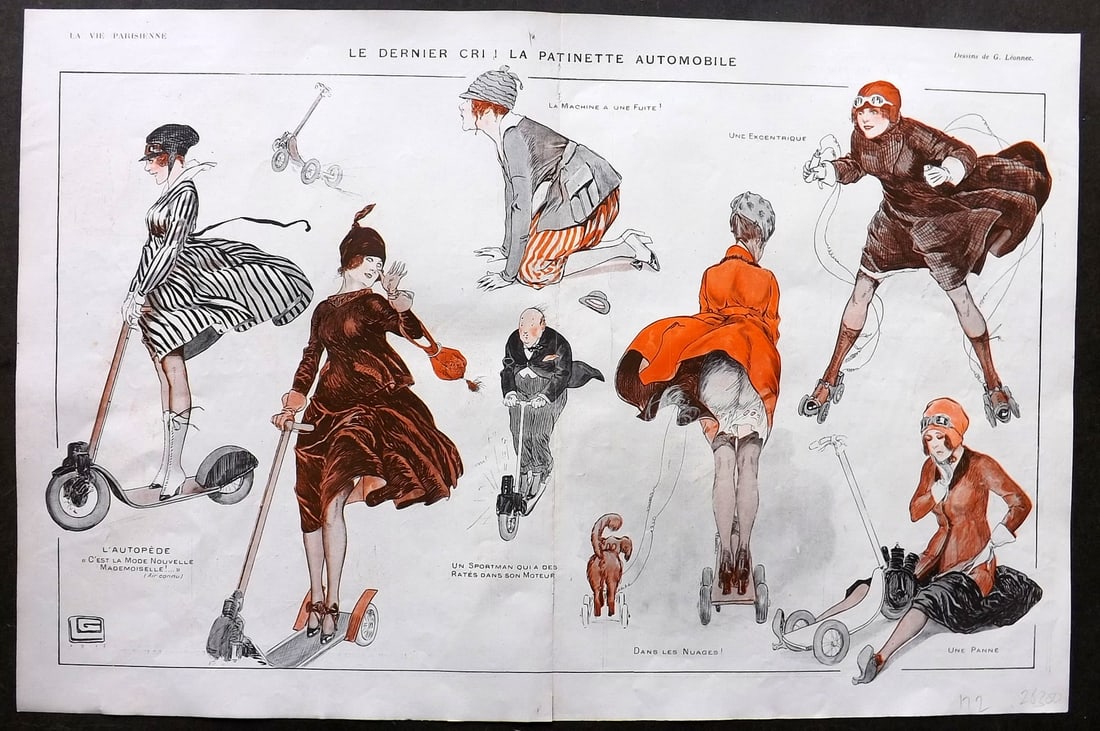La Vie Parisienne 1917 Art Deco Double. Le Dernier Cri! La Patinette Automobile: Lithographs Published 1917, Paris for "La Vie Parisienne" Illustrated by Lissac, Barbier, Vallet, Valee, Prejelan, Herouard, Fournier, Kuhn-Regnier, Georges Leoonnec and others. Verso text, but none s