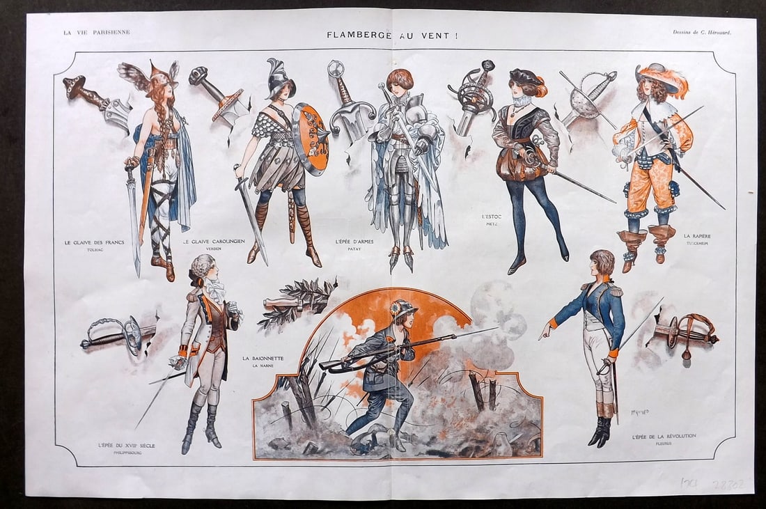 La Vie Parisienne 1917 Art Deco Double Print. Flamerge au Vent! By Herouard: Lithographs Published 1917, Paris for "La Vie Parisienne" Illustrated by Lissac, Barbier, Vallet, Valee, Prejelan, Herouard, Fournier, Kuhn-Regnier, Georges Leoonnec and others. Verso text, but none s