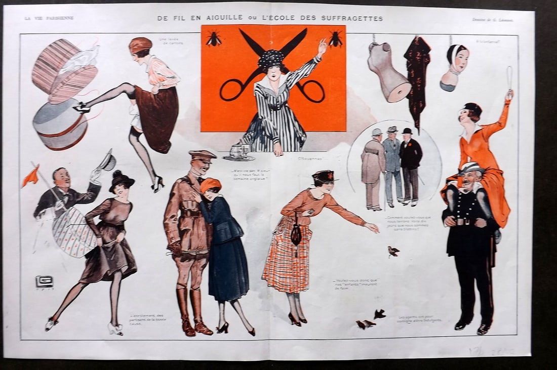 La Vie Parisienne 1917 Art Deco. De Fil en Aiguille ou L'Ecole des Suffragettes: Lithographs Published 1917, Paris for "La Vie Parisienne" Illustrated by Lissac, Barbier, Vallet, Valee, Prejelan, Herouard, Fournier, Kuhn-Regnier, Georges Leoonnec and others. Verso text, but none s