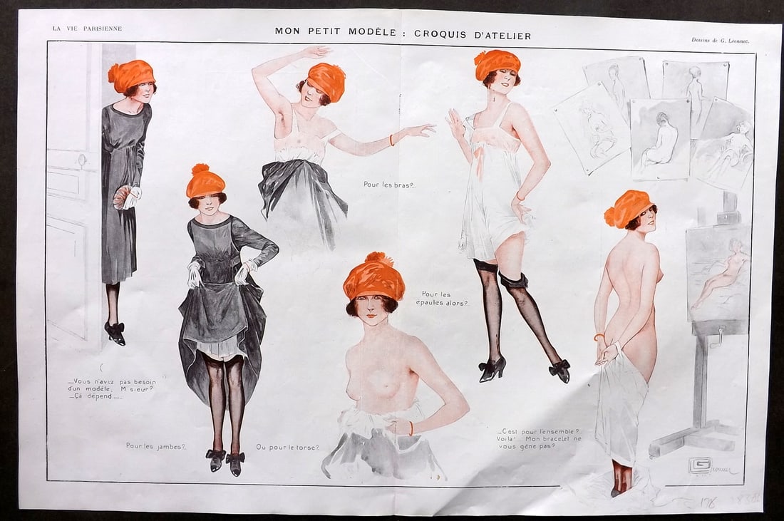 La Vie Parisienne 1917 Deco Double Print. Mon Petit Modele. Croquis d'Atelier: Lithographs Published 1917, Paris for "La Vie Parisienne" Illustrated by Lissac, Barbier, Vallet, Valee, Prejelan, Herouard, Fournier, Kuhn-Regnier, Georges Leoonnec and others. Verso text, but none s